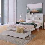 Bed with Shelves, White Wooden Storage Bed, Underbed Drawer - 3FT Single (90 x 190 cm) Frame Only-NACHESUK