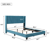 Queen Size Velvet Upholstered Platform Bed, Box Spring Needed - Blue-NACHESUK