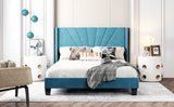 Queen Size Velvet Upholstered Platform Bed, Box Spring Needed - Blue-NACHESUK