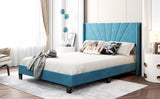 Queen Size Velvet Upholstered Platform Bed, Box Spring Needed - Blue-NACHESUK