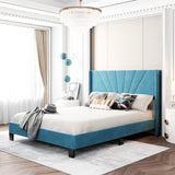 Queen Size Velvet Upholstered Platform Bed, Box Spring Needed - Blue-NACHESUK