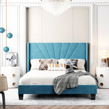 Queen Size Velvet Upholstered Platform Bed, Box Spring Needed - Blue-NACHESUK