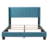 Queen Size Velvet Upholstered Platform Bed, Box Spring Needed - Blue-NACHESUK